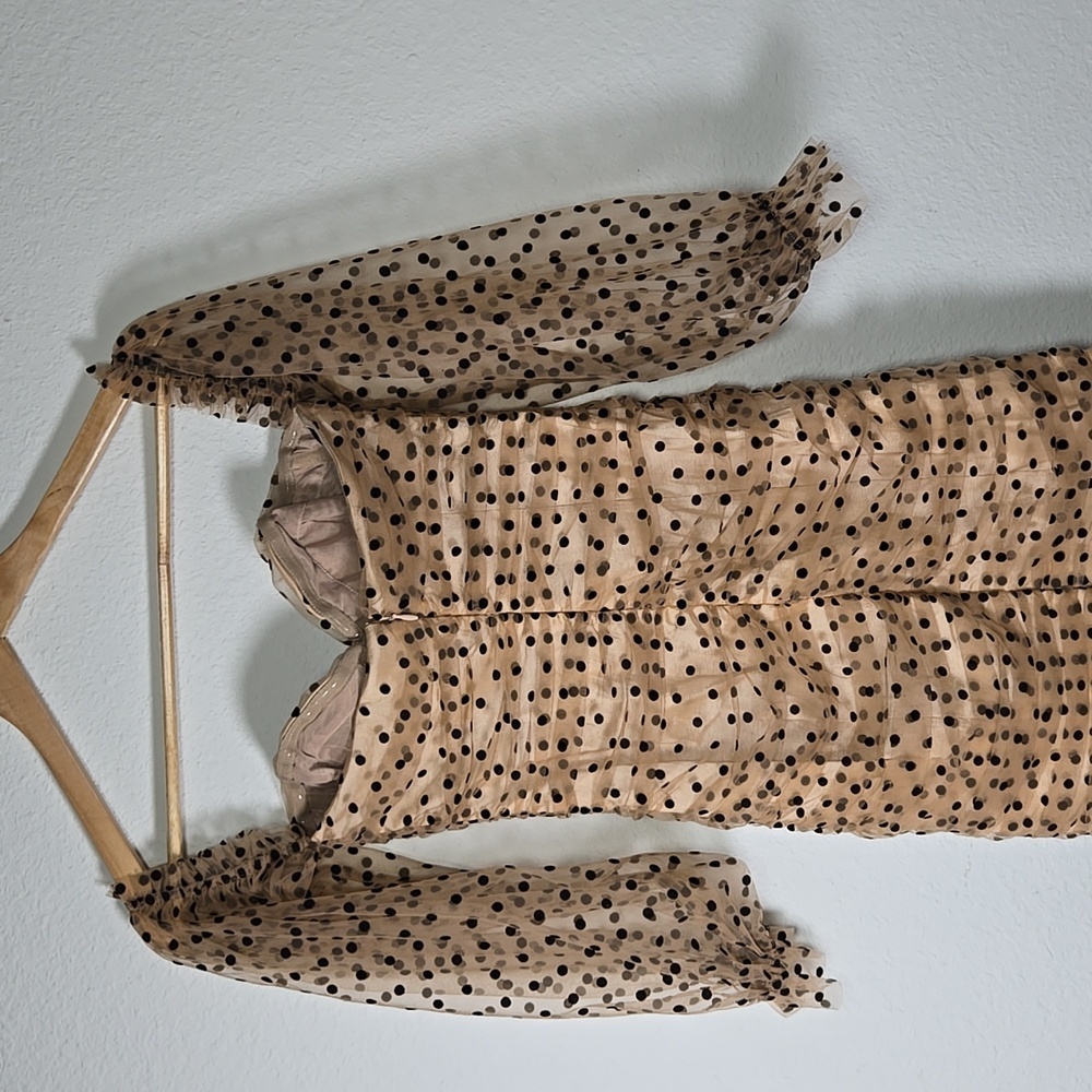MAJORELLE Tan And Black Polka Dots Ruched Bodycon Mini Off The Shoulder Dress S - Picture 5 of 10
